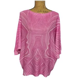 EKRU Europe Dolman Sleeve Mesh Top w Pink & White Abstract Face Print NEW